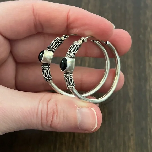 Vintage 925 Sterling Silver Black Onyx Hoop Earrings Ornate Boho Swirl Design 🖤✨ - Picture 1 of 9